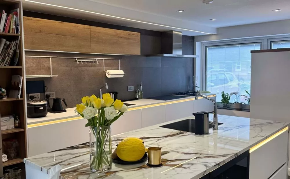 Marble worktop surface in kitchen