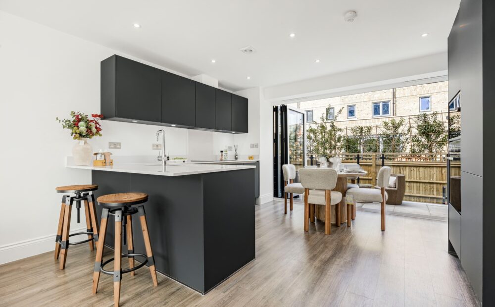 Contemporary kitchen with island and wooden bar stools