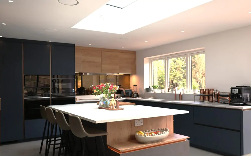 Kitchen island with quartz worktop, integrated storage, wine cooler and seating