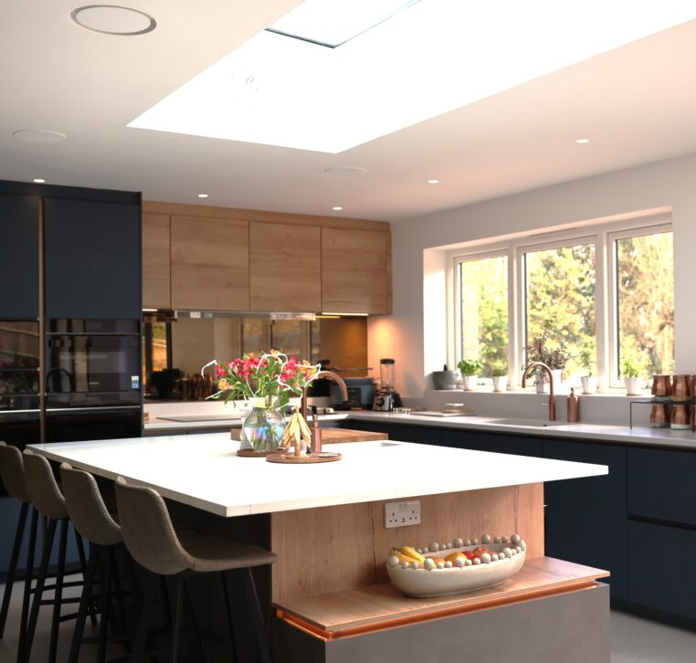Kitchen island with quartz worktop, integrated storage, wine cooler and seating