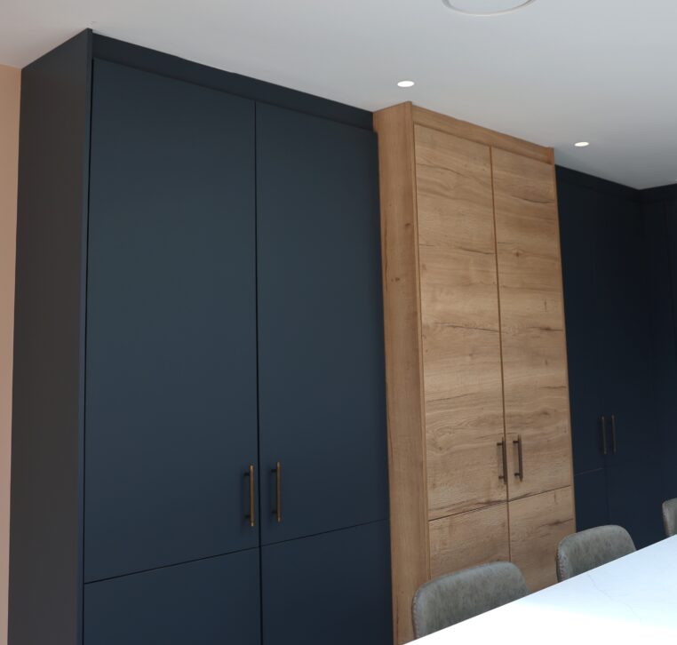 Tall kitchen units with integrated appliances and modern handleless cabinetry design