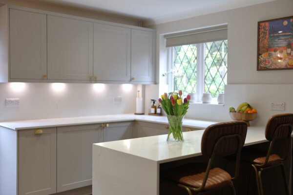 Shaker Kitchen Design with Quartz Worktops, Brass Finishes & Herringbone Flooring