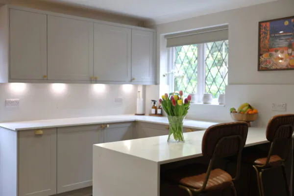 Shaker Kitchen Design with Quartz Worktops, Brass Finishes & Herringbone Flooring